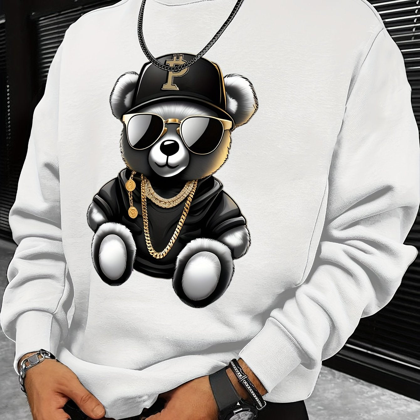 Felpa casual da uomo con collo rotondo, stampa di orso, tessuto in poliestere morbido, ideale per autunno e inverno, marca Valstrend