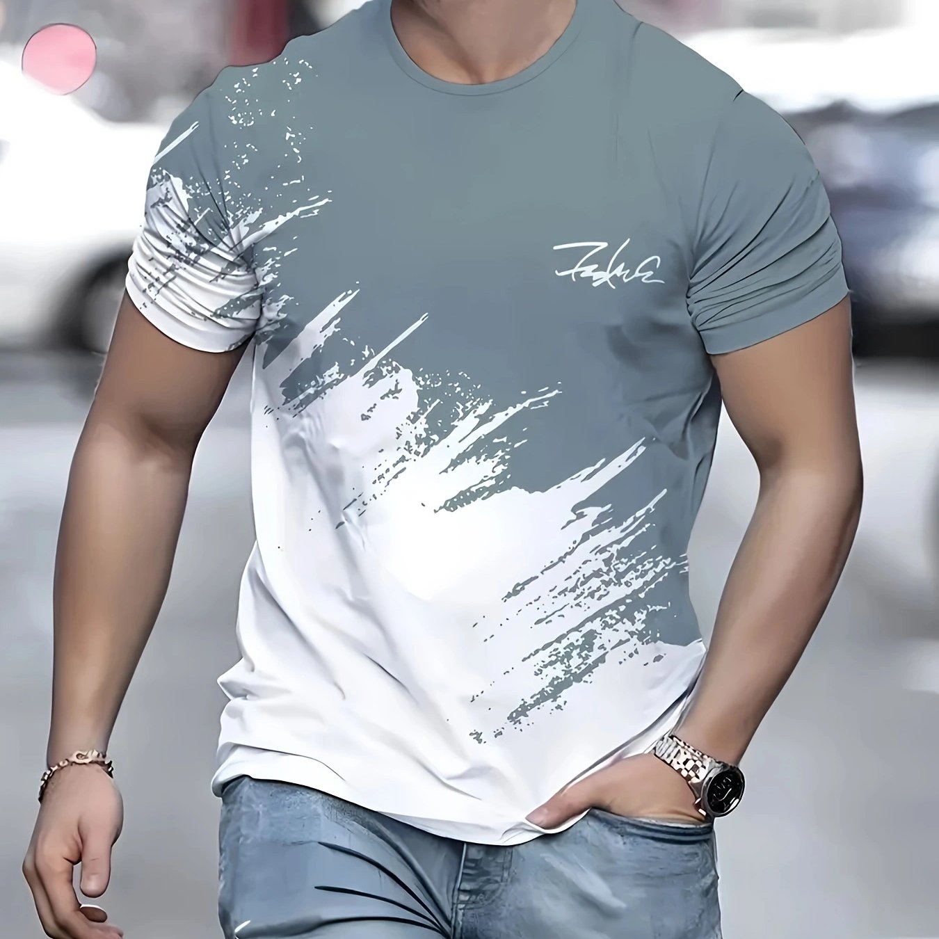 T-shirt uomo Valstrend in tessuto poliestere con stampa geometrica vintage, collo rotondo, asimmetrico e vestibilità regolare