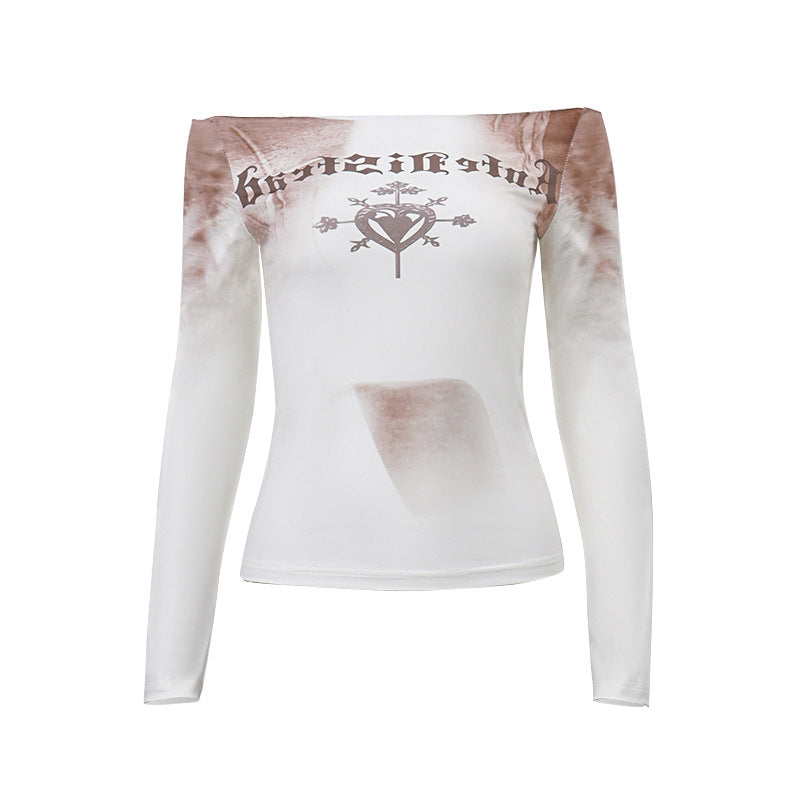Women's Fashion Letter Vintage Print Slim T-shirt Top