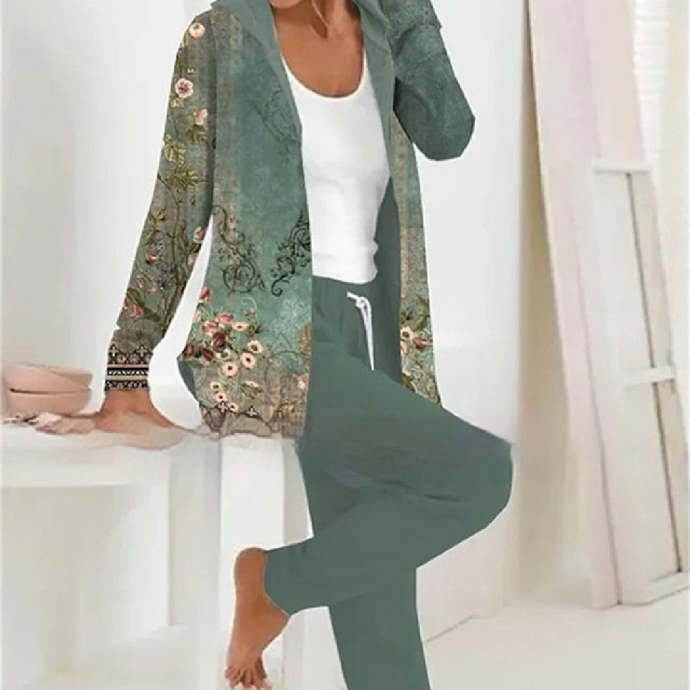 Cardigan stampato e pantaloni a due pezzi di colore solido da Valstrend, stile casual e confortevole, vista frontale.