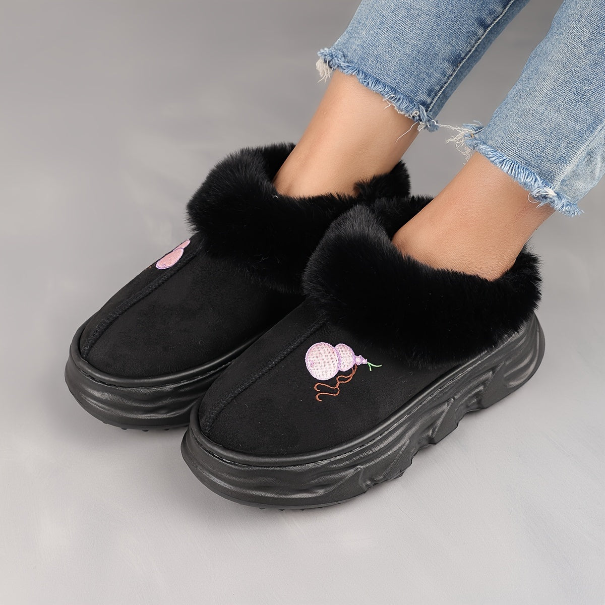 Cozy Cartoon Embroidered Winter Boots for Couples - Warm, Thick Sole Slip-On Snow Shoes in Black & White
