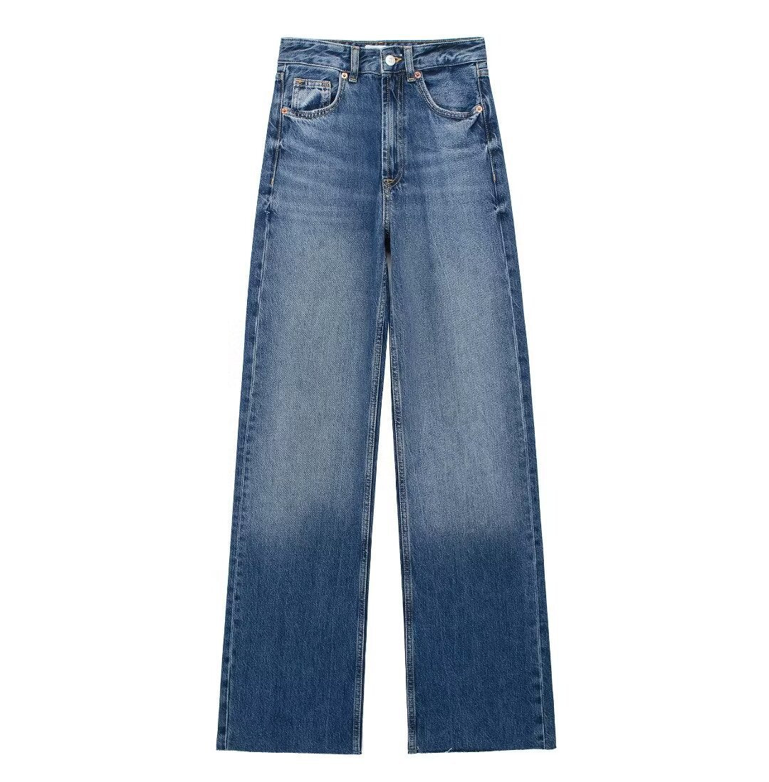 Jeans Valstrend con vita alta, taglio largo e gamba ampia, in tessuto denim blu, stile casual e moderno.