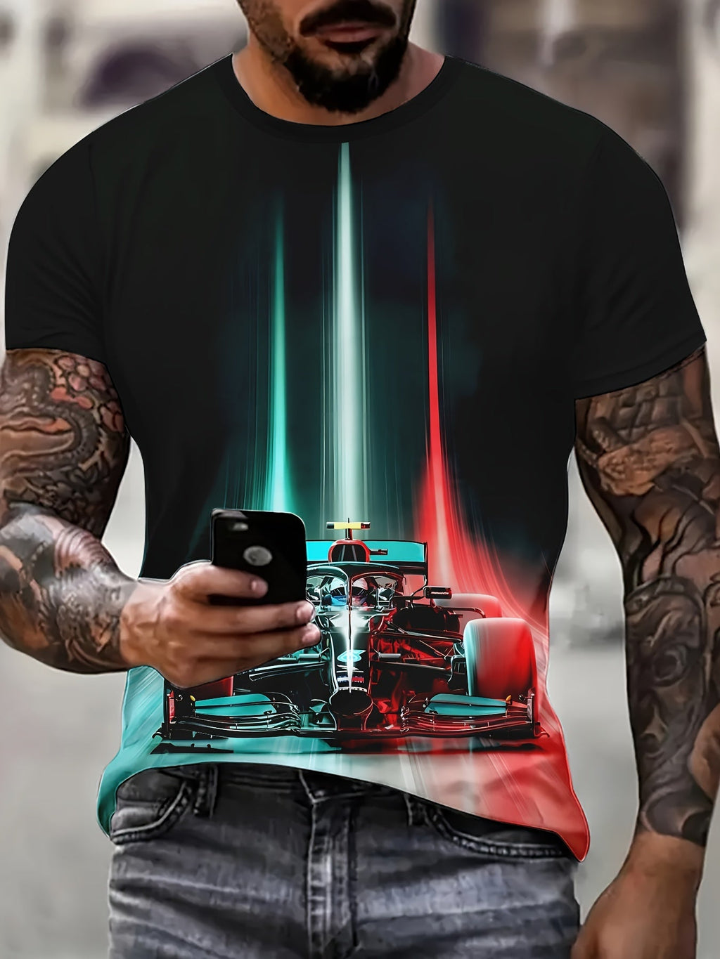 T-shirt da uomo Valstrend con stampa digitale 3D di auto da corsa, maniche corte, collo rotondo, tessuto in poliestere.