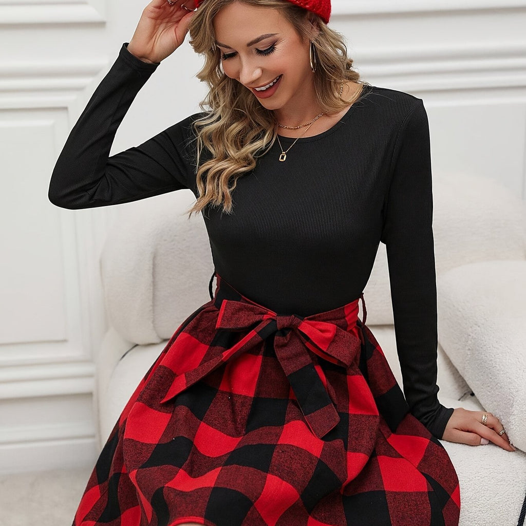 Plaid Print Lace Up Splicing A-line Dress, Elegant Crew Neck Long Sleeve Dress For Spring & Fall, Women's Clothing