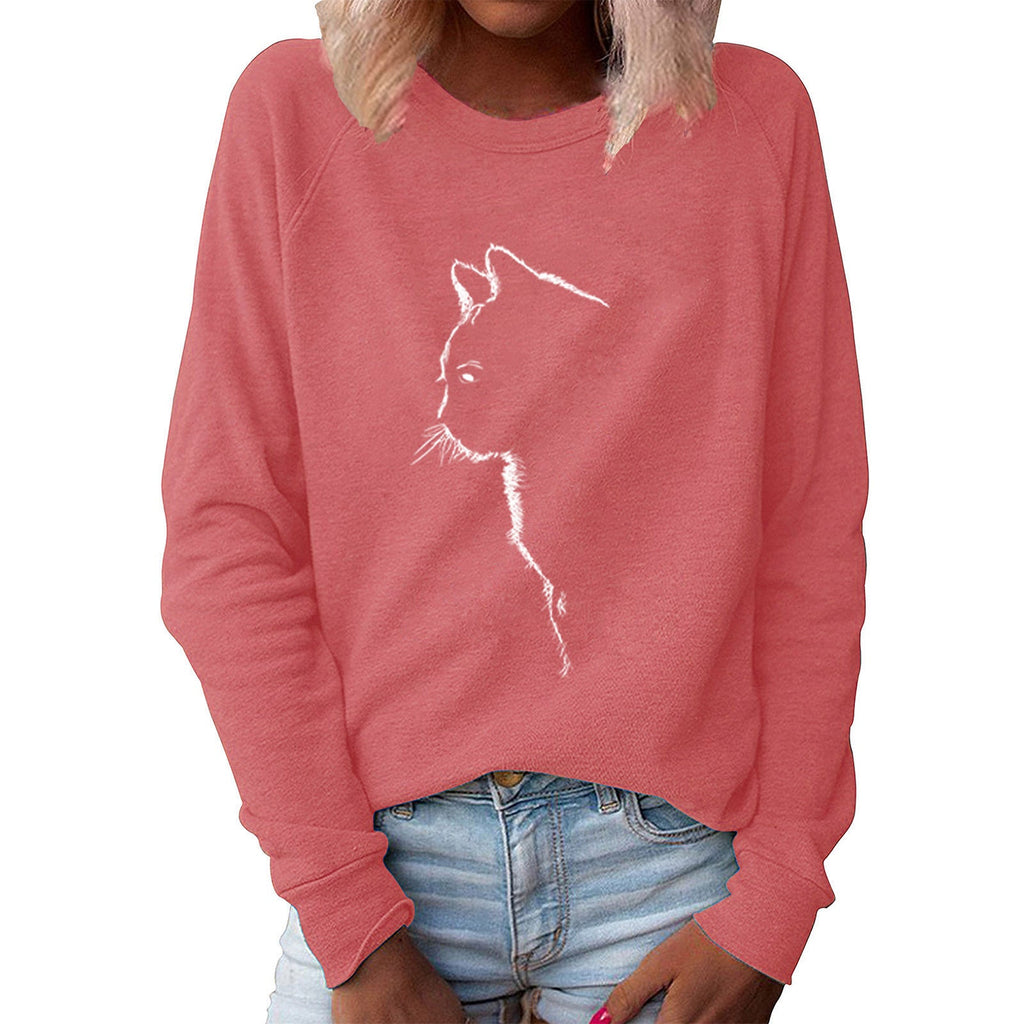 Maglione donna Valstrend con stampa creativa di gatto, collo rotondo e maniche lunghe, in tessuto morbido e confortevole