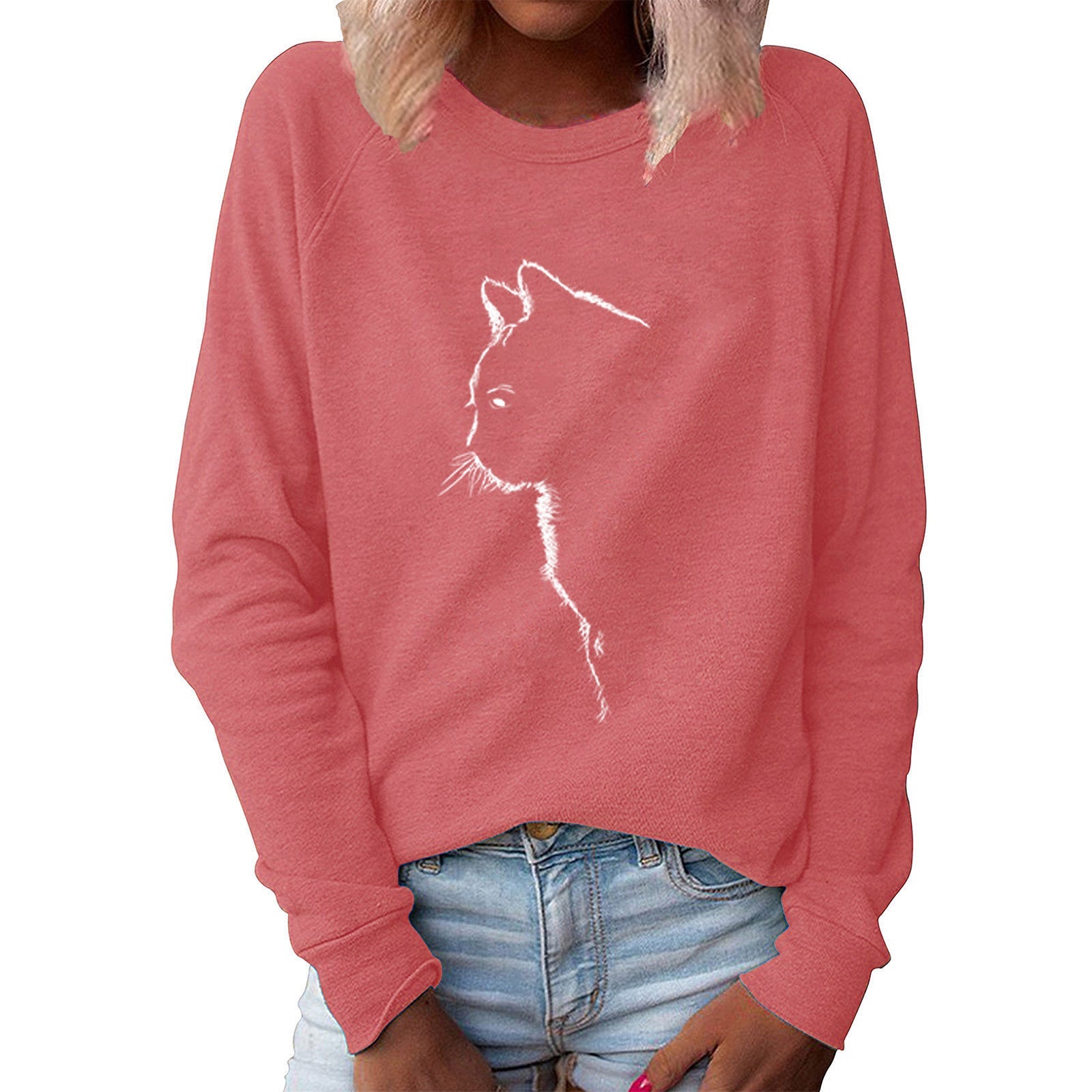 Maglione donna Valstrend con stampa creativa di gatto, collo rotondo e maniche lunghe, in tessuto morbido e confortevole