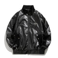 Giacca in pelle PU stile europeo e americano, vestibilità larga con collo mock, marca Valstrend, abbigliamento motociclistico.