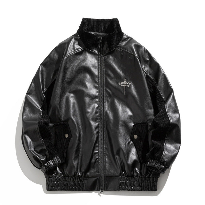 Giacca in pelle PU stile europeo e americano, vestibilità larga con collo mock, marca Valstrend, abbigliamento motociclistico.