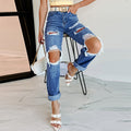 Jeans donna dritti Valstrend con strappi, tessuto europeo, stile casual, dettagli di apertura e finitura moderna.