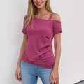T-shirt casual donna Valstrend con spalla scoperta, collo asimmetrico, bottoni decorativi e maniche corte per estate e primavera