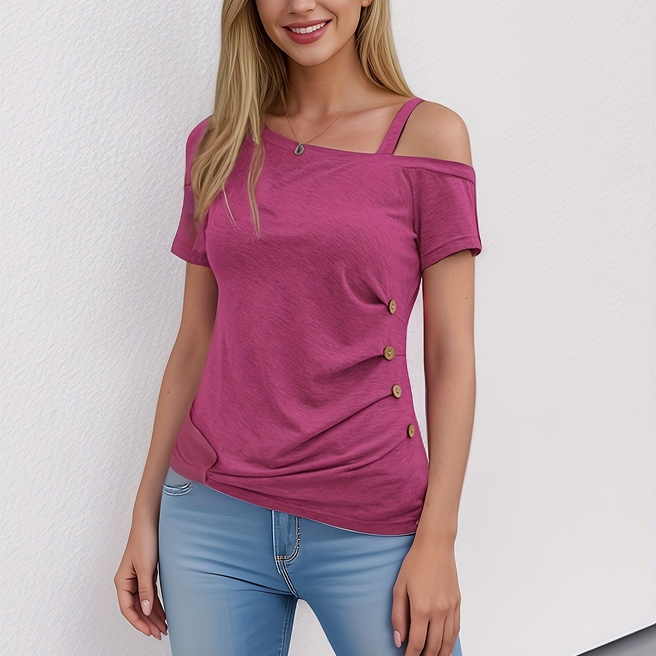 T-shirt casual donna Valstrend con spalla scoperta, collo asimmetrico, bottoni decorativi e maniche corte per estate e primavera