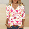 T-shirt donna Valstrend con stampa digitale 3D a forma di cuore, V-neck, maniche 3/4 e stile casual e carino.