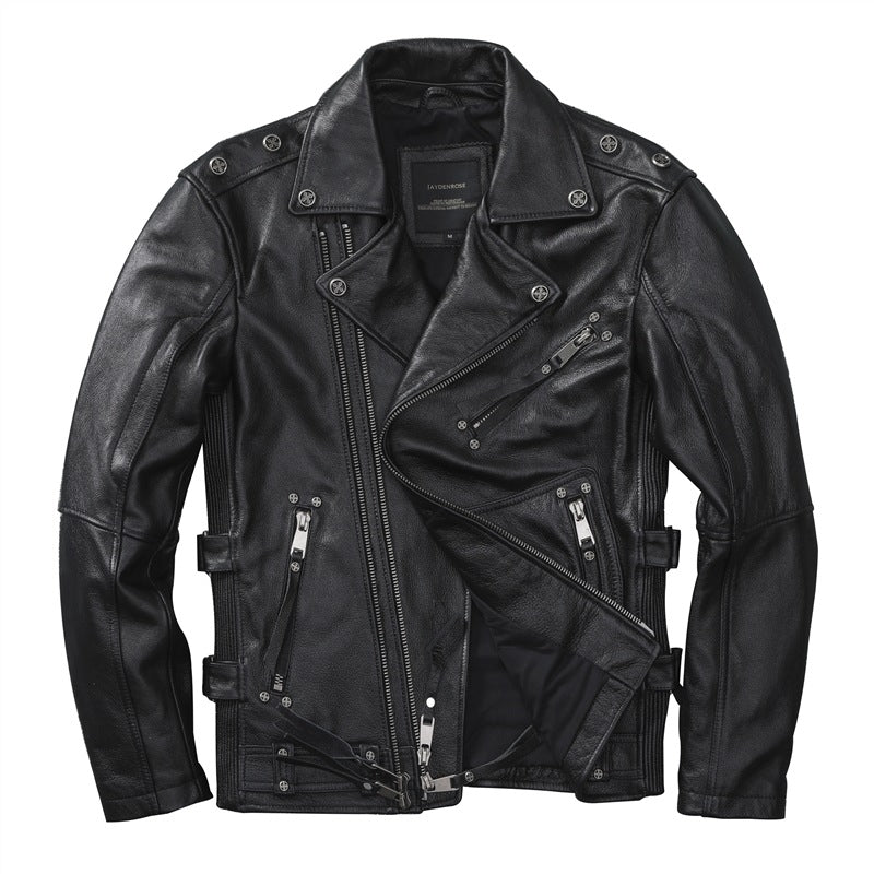 Giacca in pelle da motociclista Valstrend, slim fit, morbida e leggera, primo strato in pelle bovina per biker.