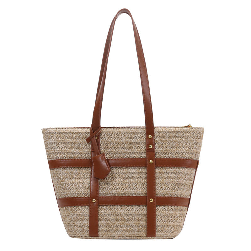 Borsa a spalla femminile grande capacità in tessuto intrecciato, stile moda, marca Valstrend, con dettagli eleganti.