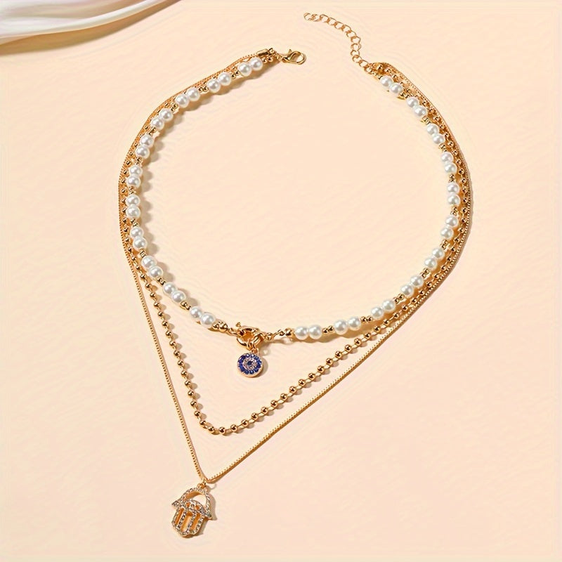 Collana in stile punk multistrato con perle finte, pendenti occhio diavolo e mano Hamsa, unisex, per uso quotidiano e vacanze.
