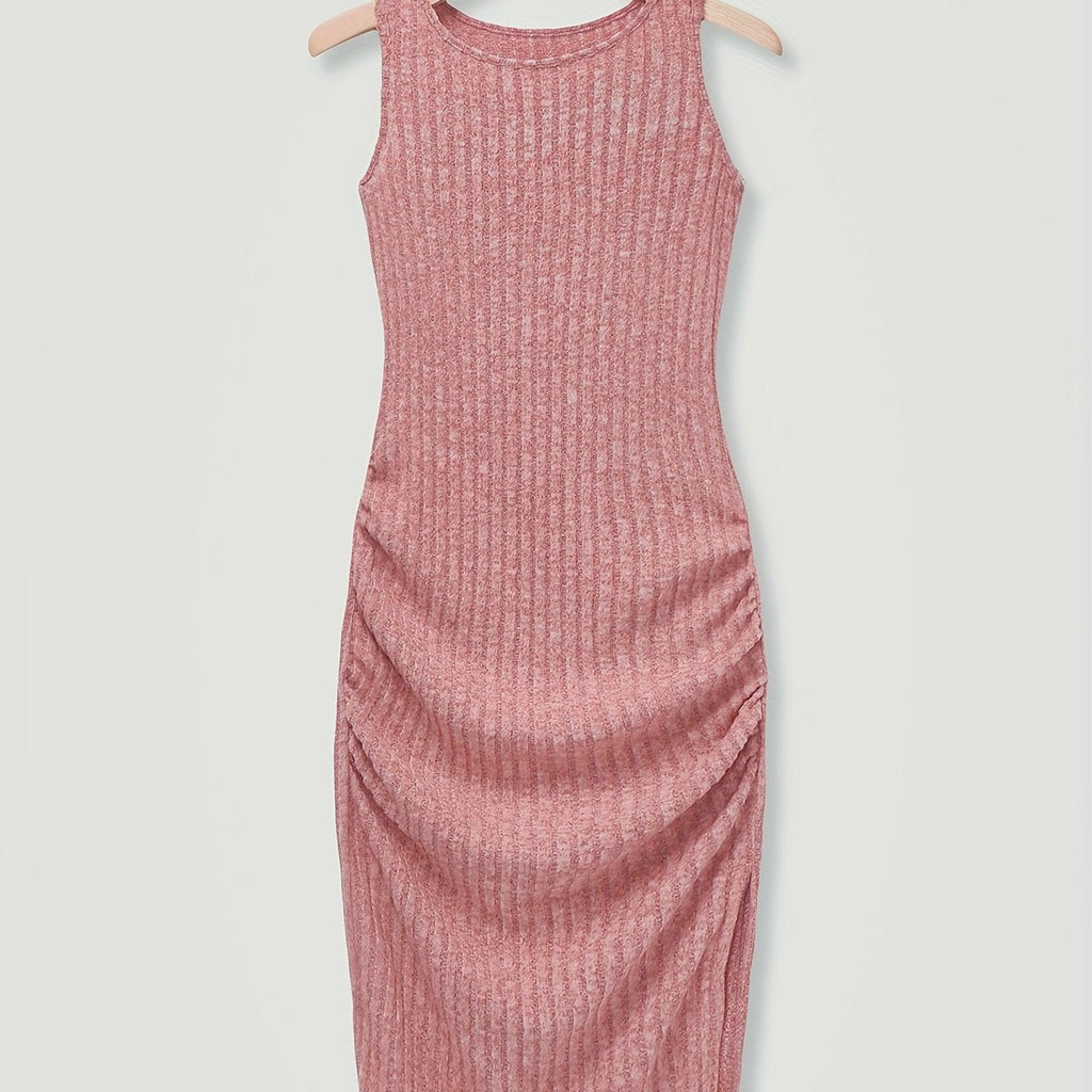 Crew Neck Ribbed Ruched Tank Dress, Casual Sleeveless Slim Tank Dress For Spring & Summer, Women's Clothing