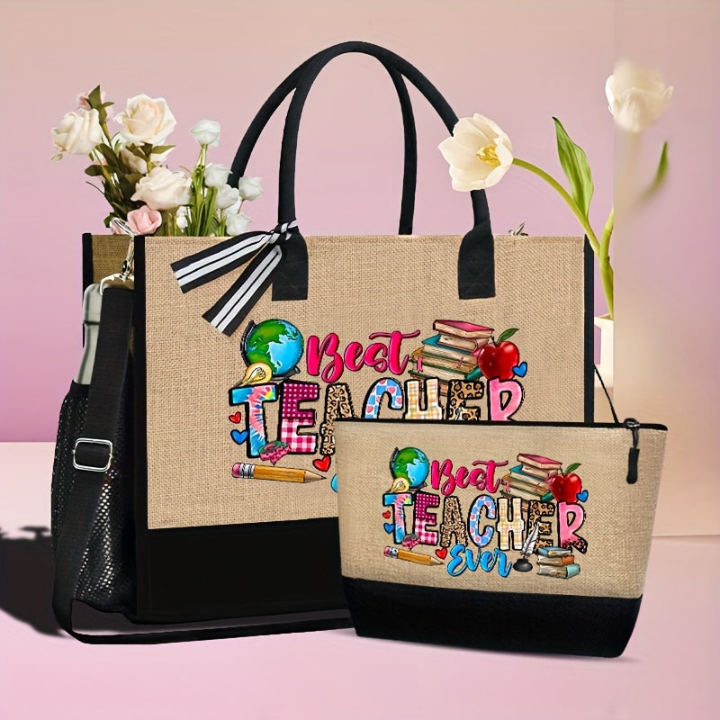 Set di 2 borse tote e pochette in tela leggera Valstrend, borsa resistente per insegnanti, viaggio e spiaggia, design accademico.