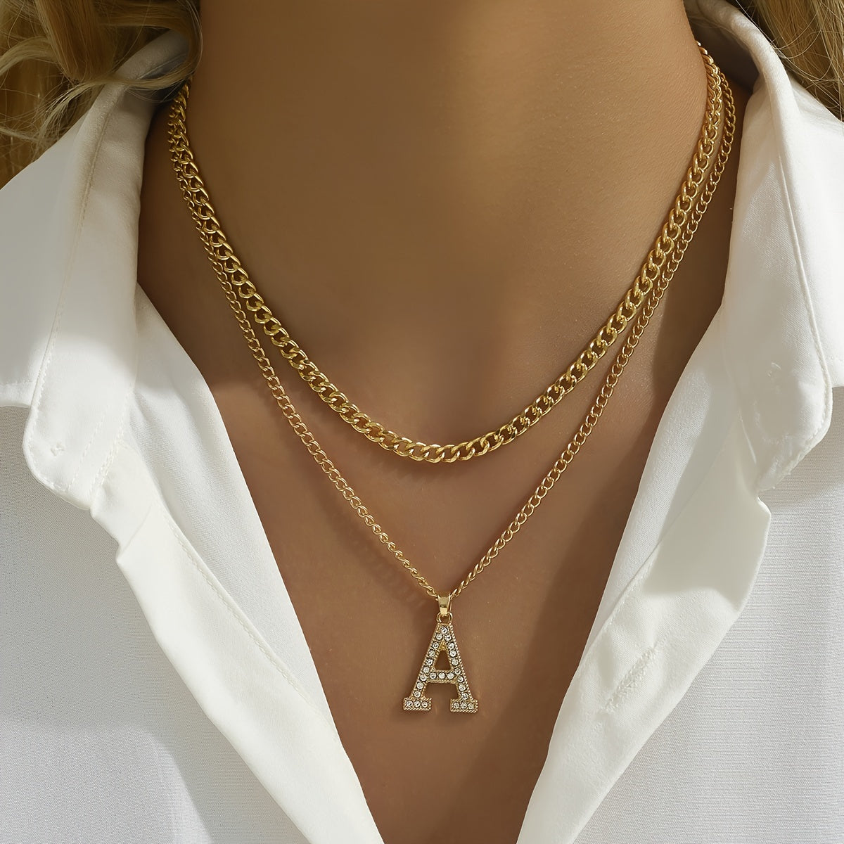 English Letter Double Layer Full Of Rhinestones Cuban Chain Niche Letter Necklace Birthday Party Gift