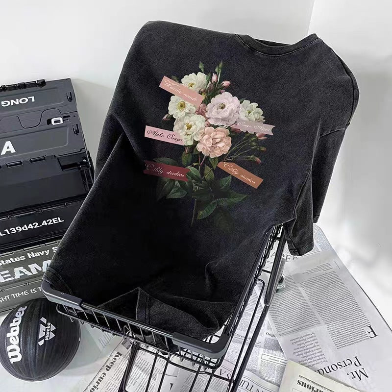 Flower Print Couple Ins Half Sleeve T-shirt