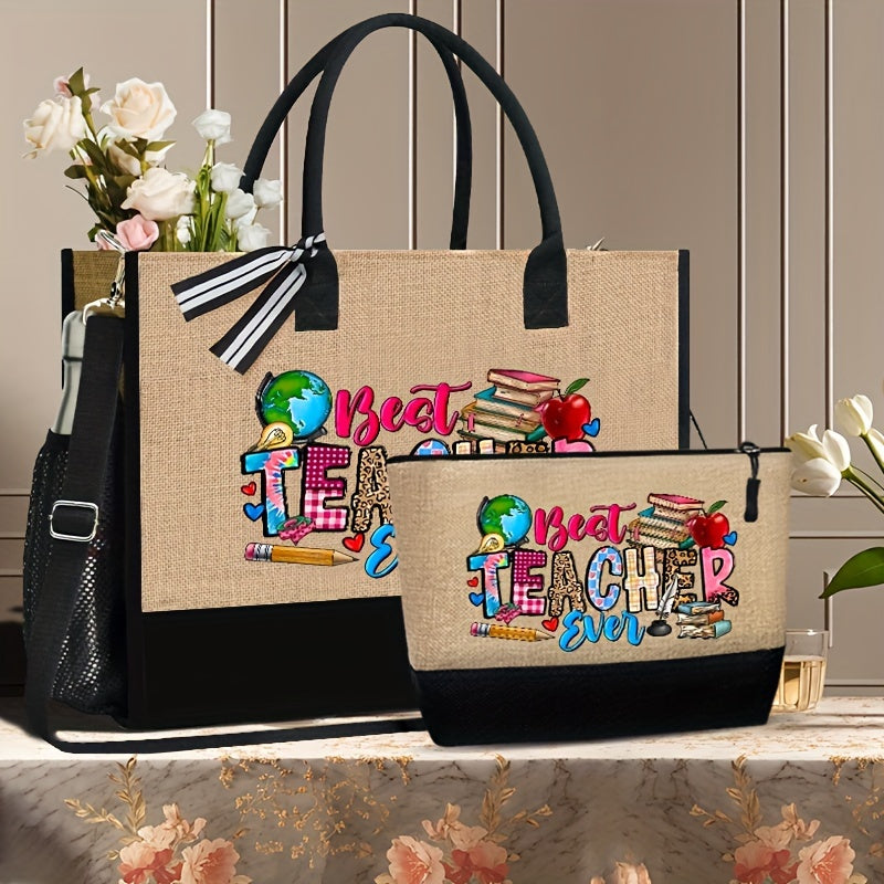 Set di 2 borse tote e pochette in tessuto leggero Valstrend, bagaglio resistente per insegnanti, viaggi e spiaggia.