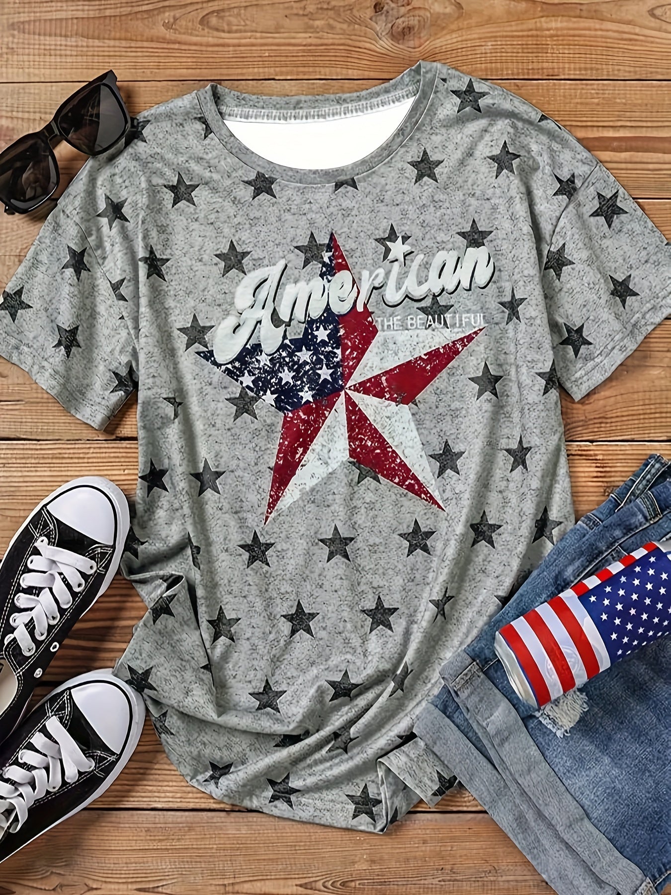 T-shirt casual con stampa stelle e lettere, manica corta e scollo rotondo, donna, ideale per primavera ed estate, marca Valstrend.