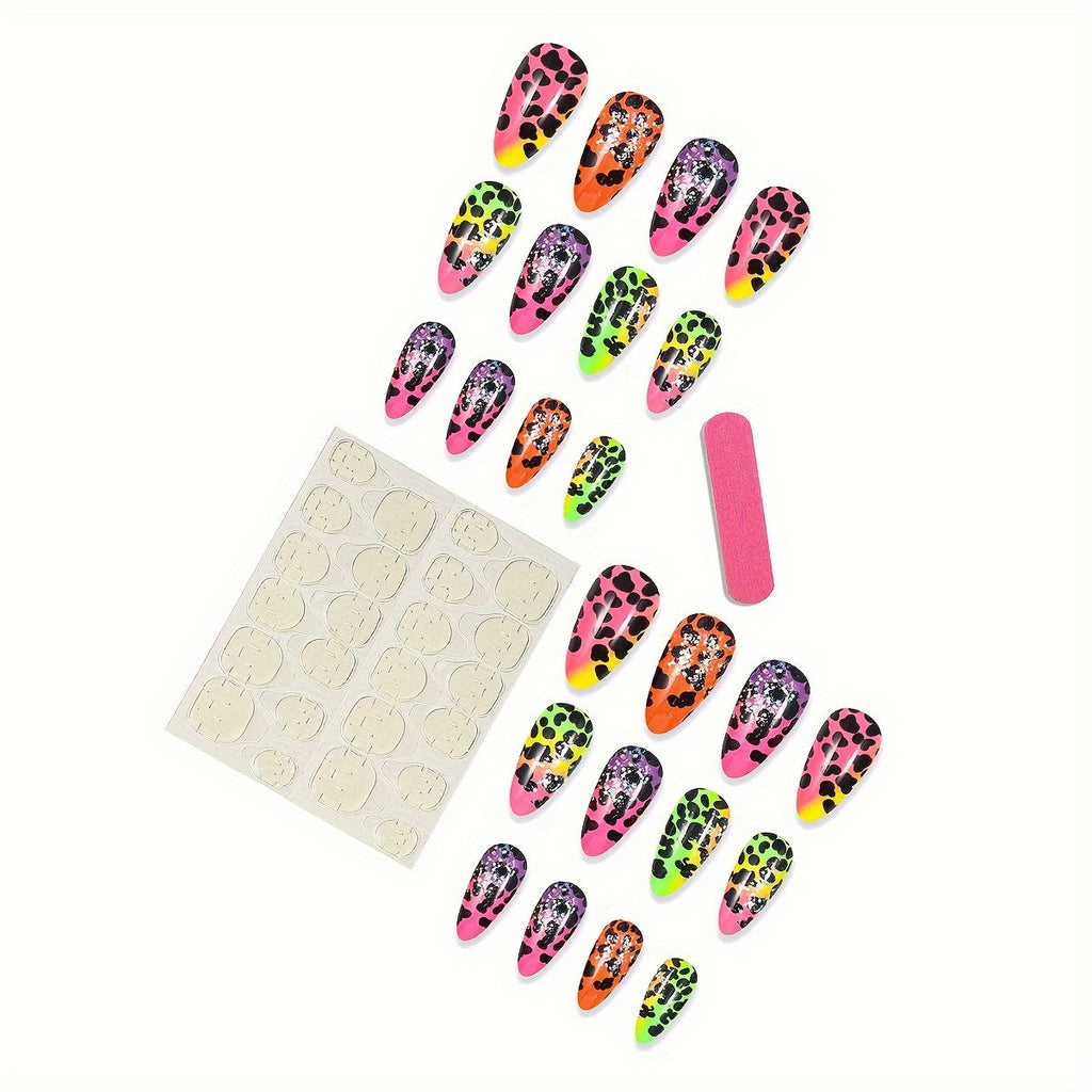 Set di unghie finte Valstrend con 24 pezzi, stile mandorla con stampa leopardo sfumata e glitter, lunghezza media e finitura lucida