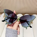 YI YAN Butterfly Frameless Rhinestone Decorated Glasses For Women, Metal Frame, PC Lens, Mirrored, Ideal For Mountaineering