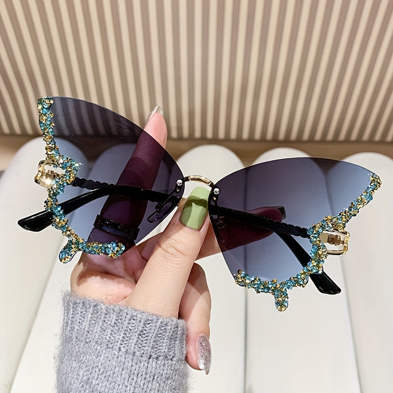 YI YAN Butterfly Frameless Rhinestone Decorated Glasses For Women, Metal Frame, PC Lens, Mirrored, Ideal For Mountaineering