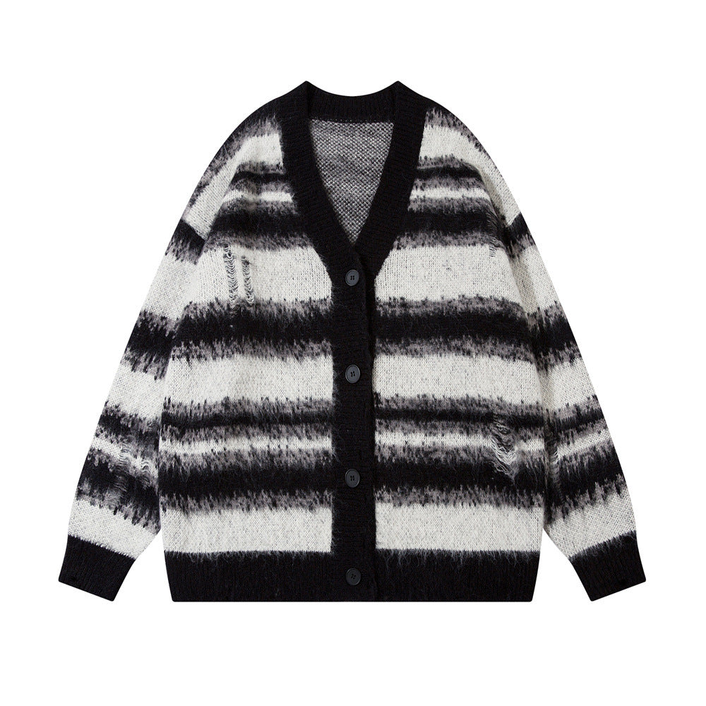 Maglione lungo stile europeo e americano con motivo a righe sfumate e scollo a V, di marca Valstrend.