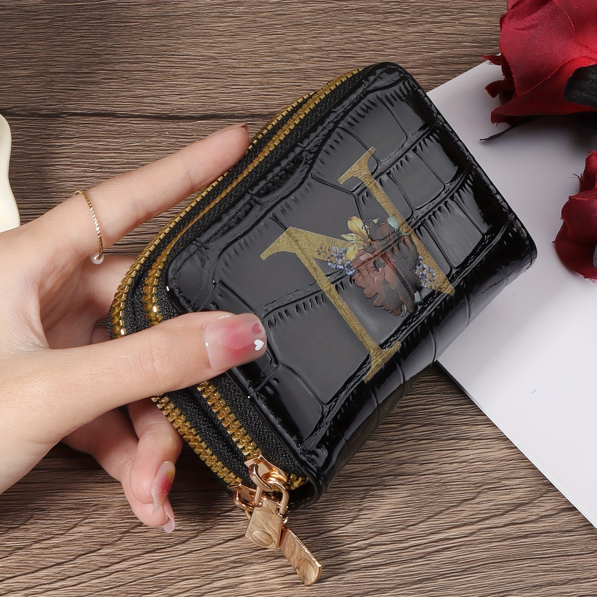 Portafoglio portacarte Valstrend con motivo floreale, piccolo portamonete a fisarmonica con zip, per donna o uomo.