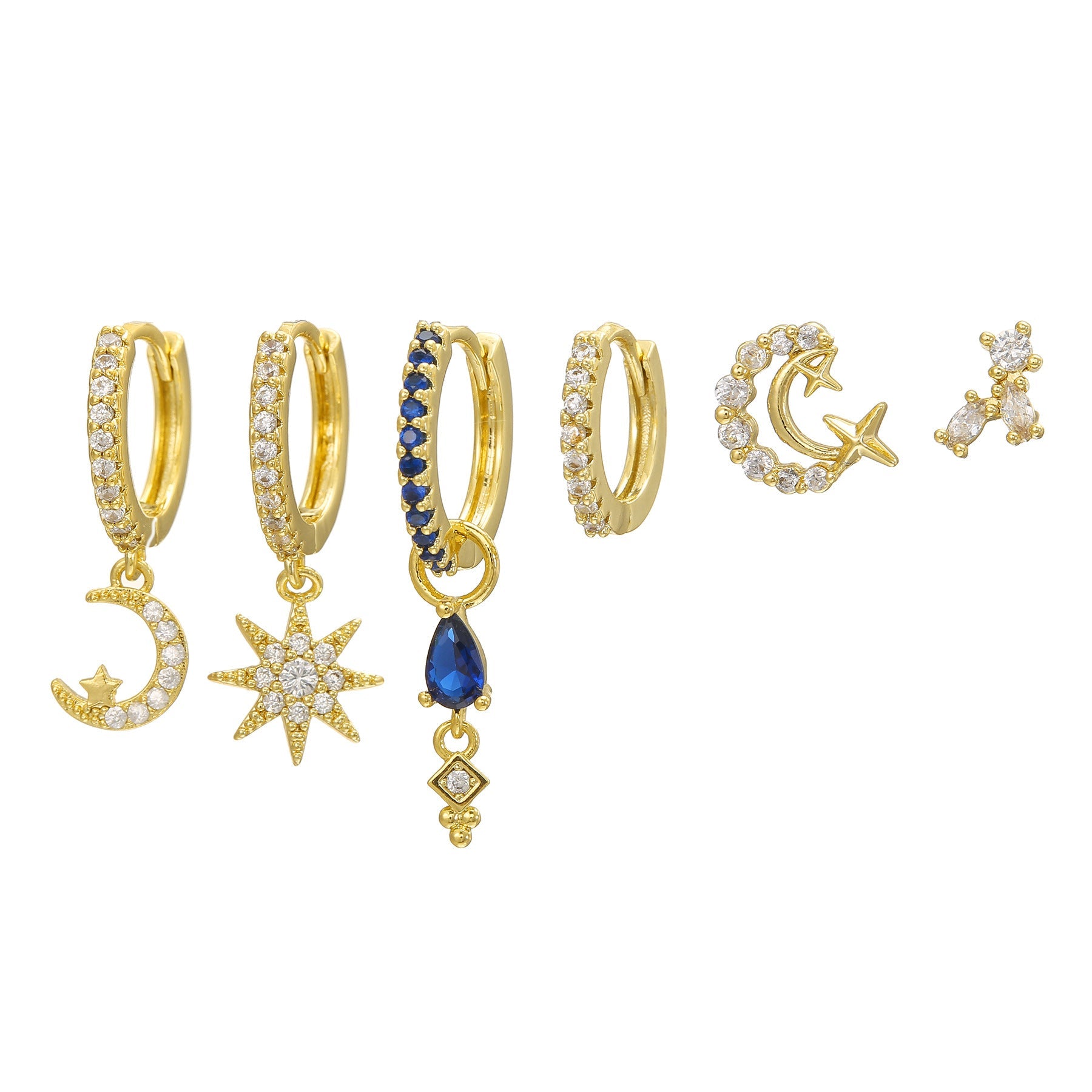 Orecchino a cerchio asimmetrico con stella e luna in diamanti, gioiello Valstrend Shop, design elegante e brillante.