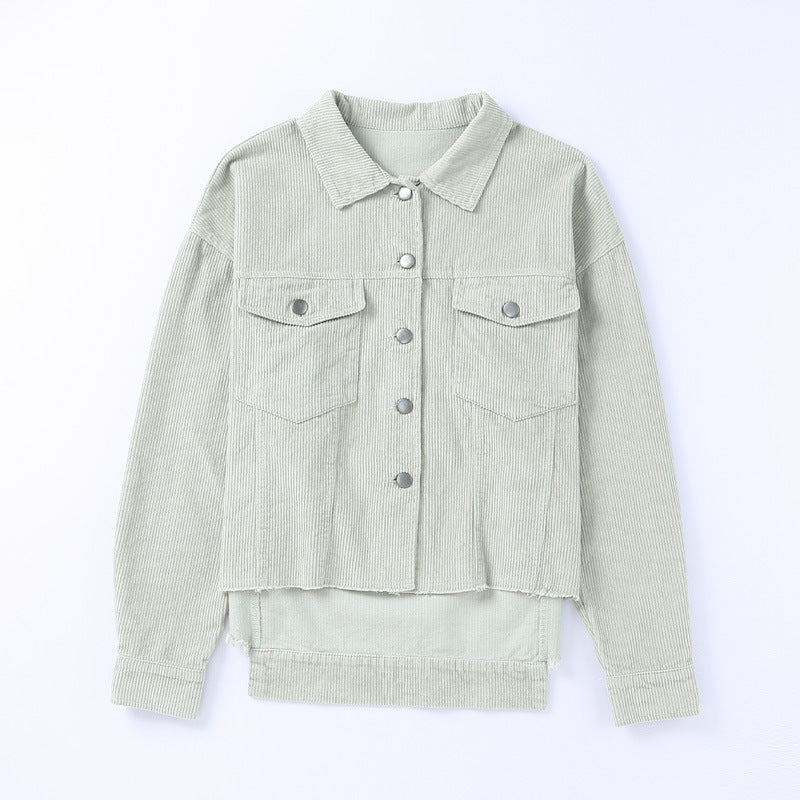 Giacca camicia stile semplice Valstrend in velluto a coste, collo a tinto unito, chiusura singolo petto, look casual e elegante