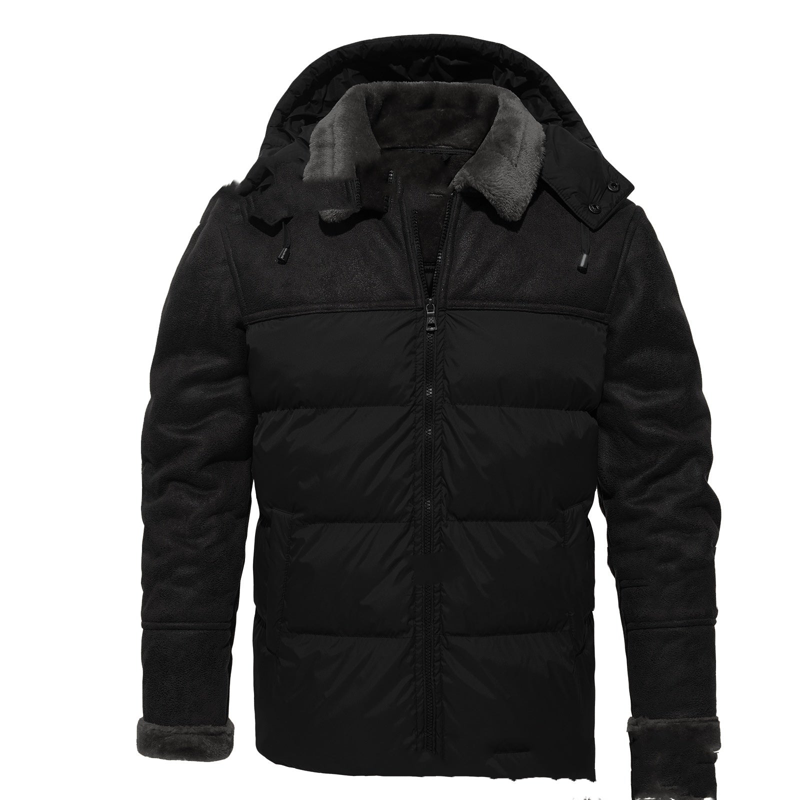 Cappotto invernale da uomo Valstrend con cappuccio, pelliccia integrata, ideale per autunno e inverno, vista frontale.