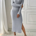 Solid Ribbed Split Dress, Elegant Crew Neck Long Sleeve Dress, Women's Clothing