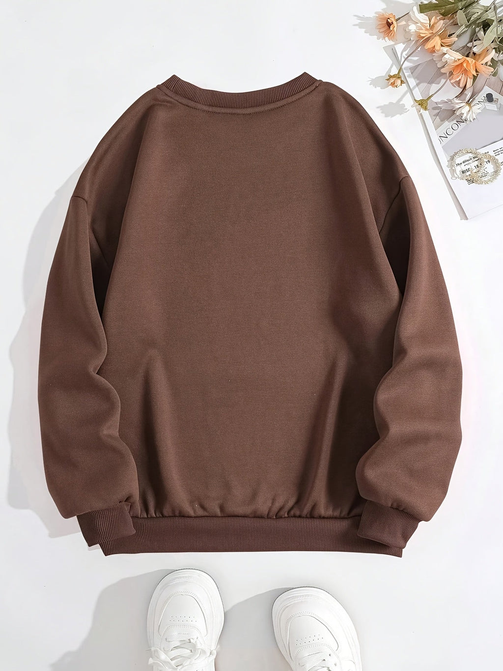 Maglione sportivo per donna Valstrend, a manica lunga con stampa autunnale e invernale, collo rotondo e fodera peluche, abbigliamento casual