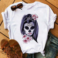 Maglietta donna Valstrend con stampa floreale e teschio alla moda, tessuto leggero e design trendy, ideale per look casual.