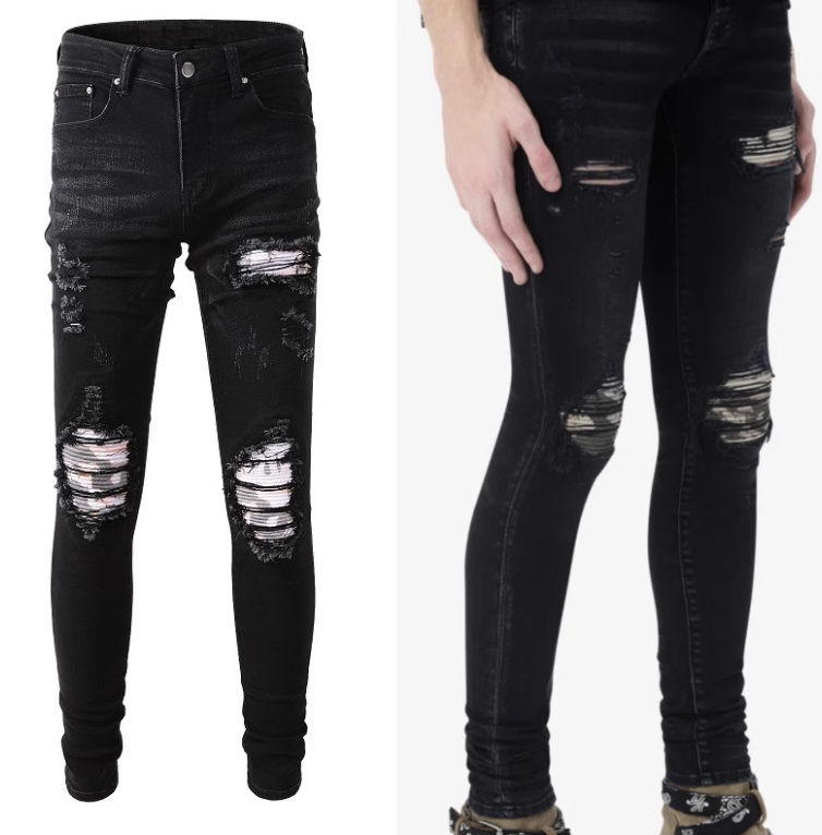 Jeans da uomo Valstrend Shop con pieghe stampate e toppe, stile casual e moderno, dettaglio delle pieghe e delle patch.