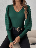 T-shirt elegante Valstrend con scollo a V a coste, maniche lunghe in chiffon, stile slim, top snellente e di moda