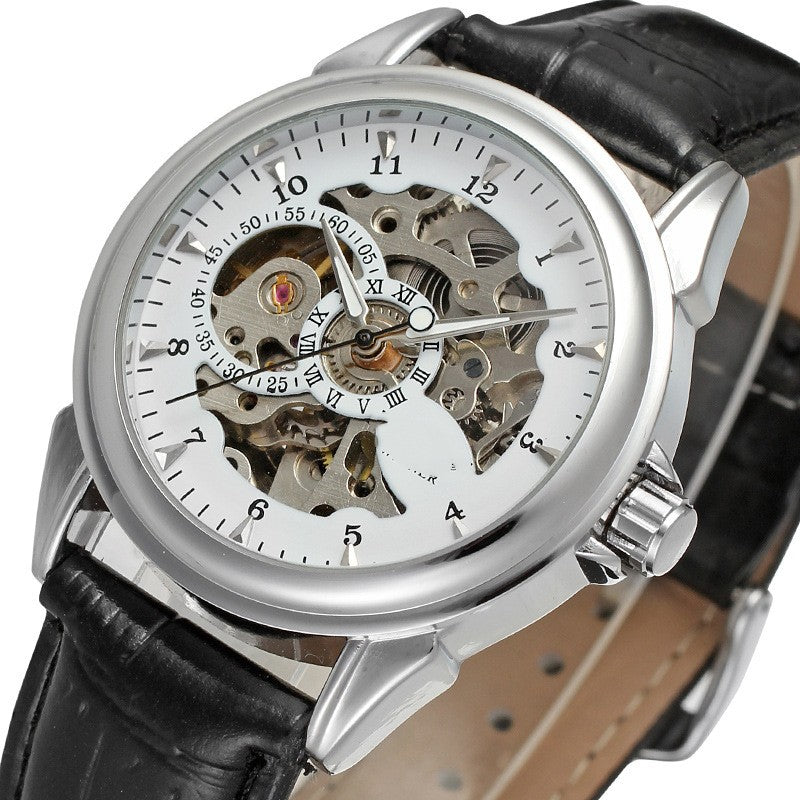 Orologio meccanico automatico a design traforato Valstrend, quadrante aperto con movimento visibile e cinturino in pelle nero