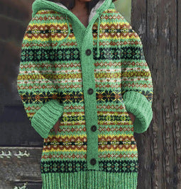 Cappotto retrò in maglia con cappuccio pigro Valstrend, stile vintage, tessuto caldo e morbido, dettagli a maglia.