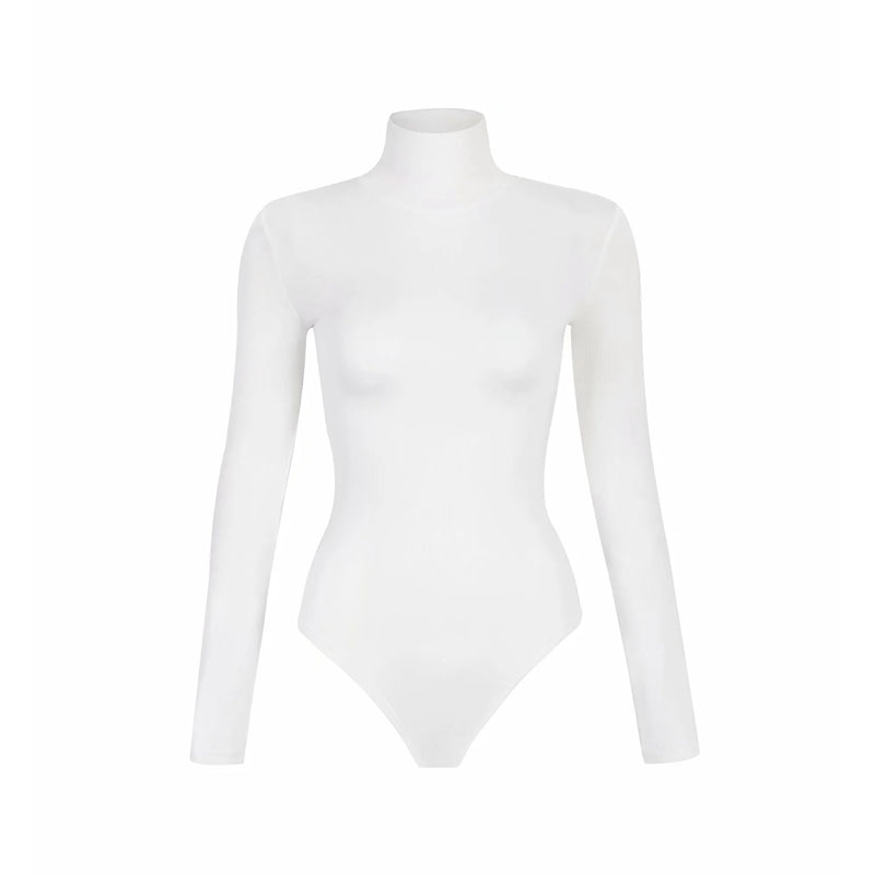 Maglietta donna Valstrend con colletto alto, maniche lunghe e design a tuta, vista frontale, tessuto morbido e stile elegante
