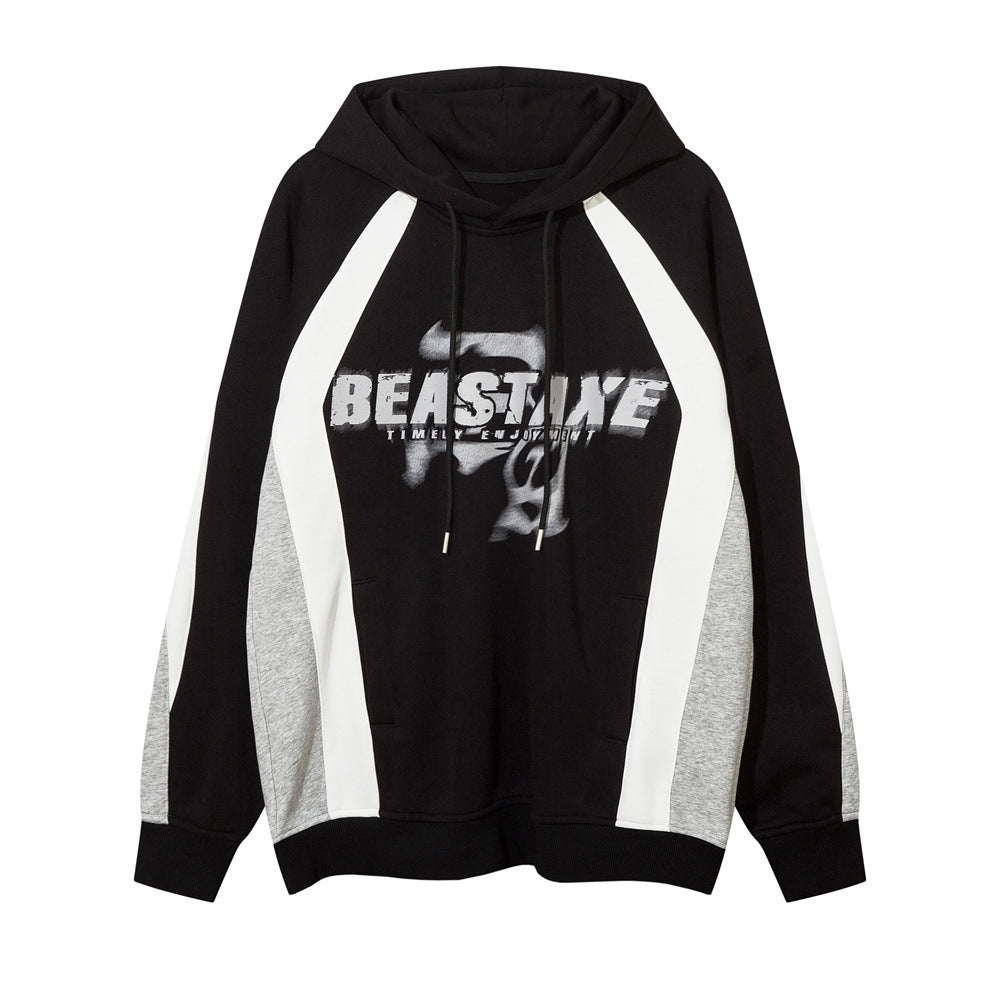 European And American Style Color Contrast Patchwork Brushed Hoody