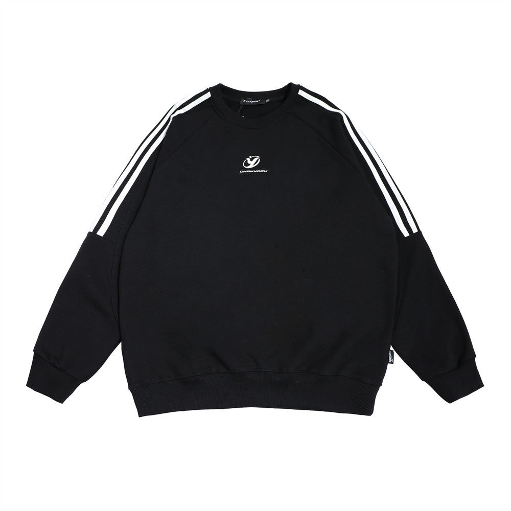 Maglione sportivo a maniche lunghe Valstrend, girocollo, con tre bande colorate e dettagli eleganti, ideale per uomo.