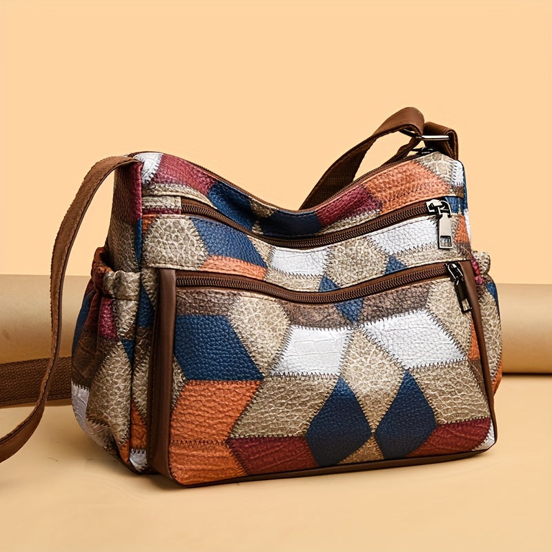 Borsa a tracolla vintage con fantasia scozzese, in faux pelle, con tracolla regolabile e chiusura a zip, donna.