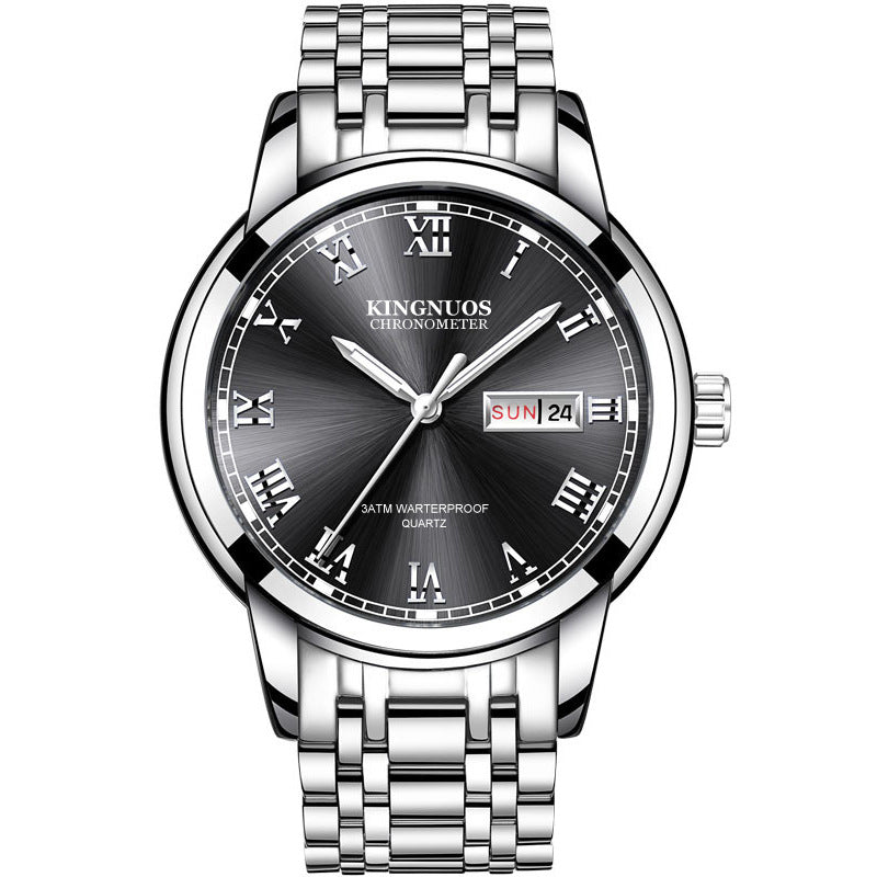 Orologio da uomo Valstrend con cinturino in acciaio e calendario doppio, stile business e design robusto.