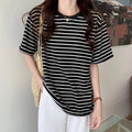 T-shirt donna a righe con patch sul retro, stile coreano, maniche corte, marchio Valstrend, abbigliamento femminile alla moda