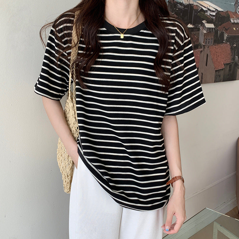 T-shirt donna a righe con patch sul retro, stile coreano, maniche corte, marchio Valstrend, abbigliamento femminile alla moda