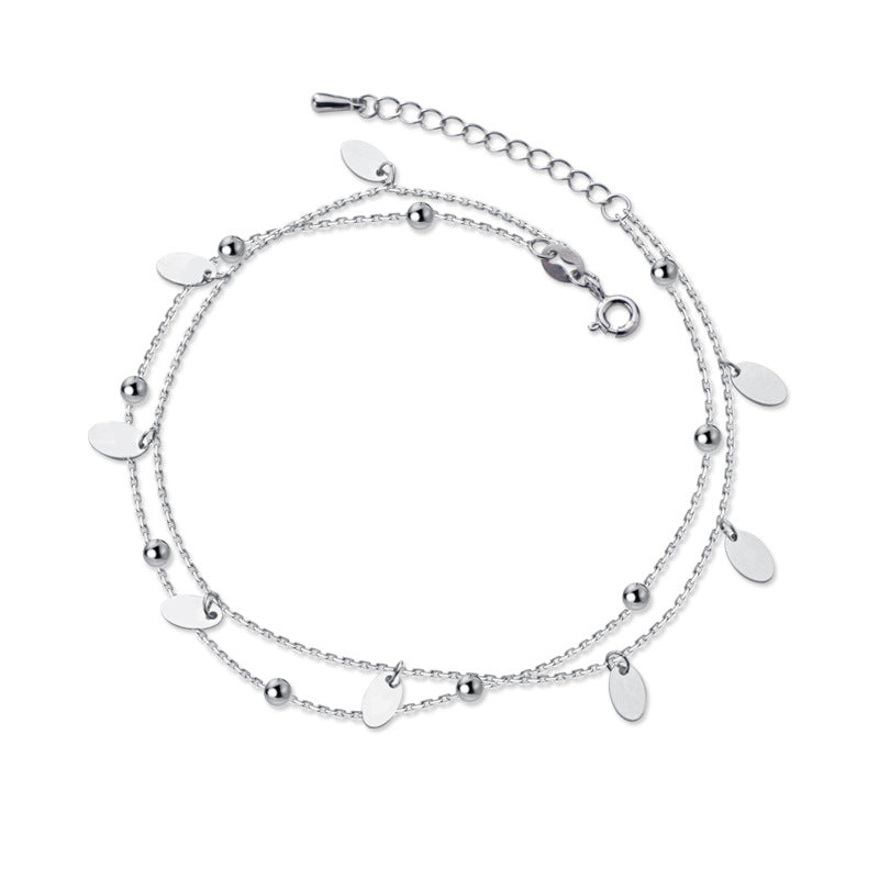 Cavigliera Valstrend in argento 925 a doppio strato con perline lucide e ovale, stile semplice ed elegante