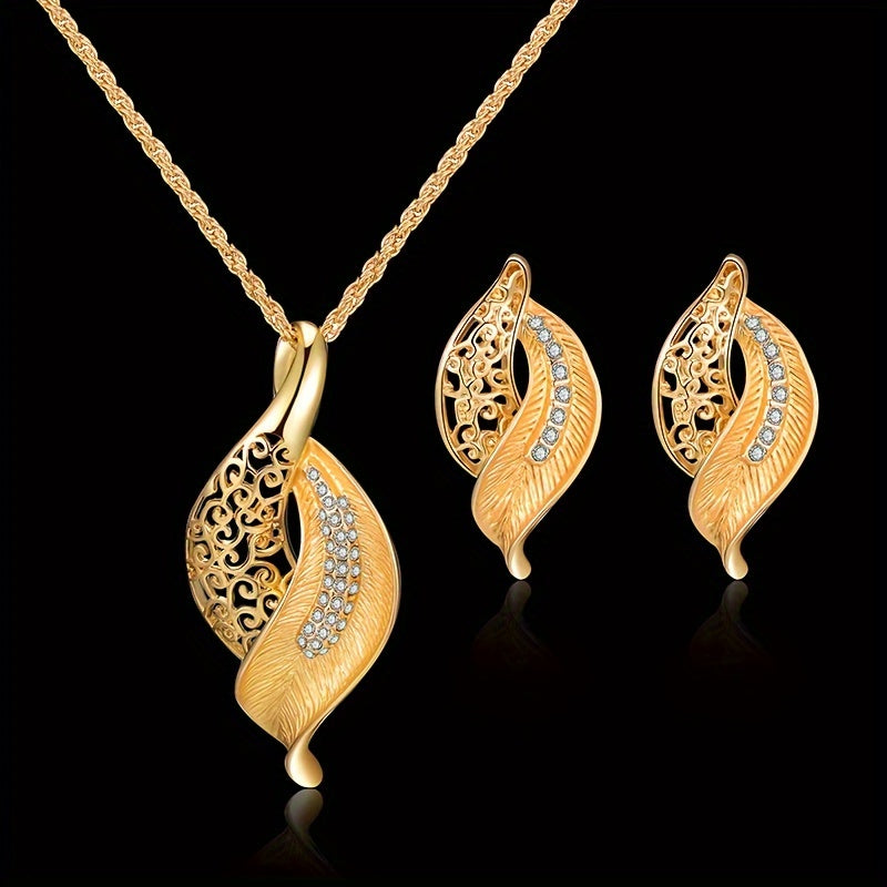 Set di gioielli con collana e orecchini a forma di foglia con strass, stile vuoto, per uomo, elegante regalo Valstrend.