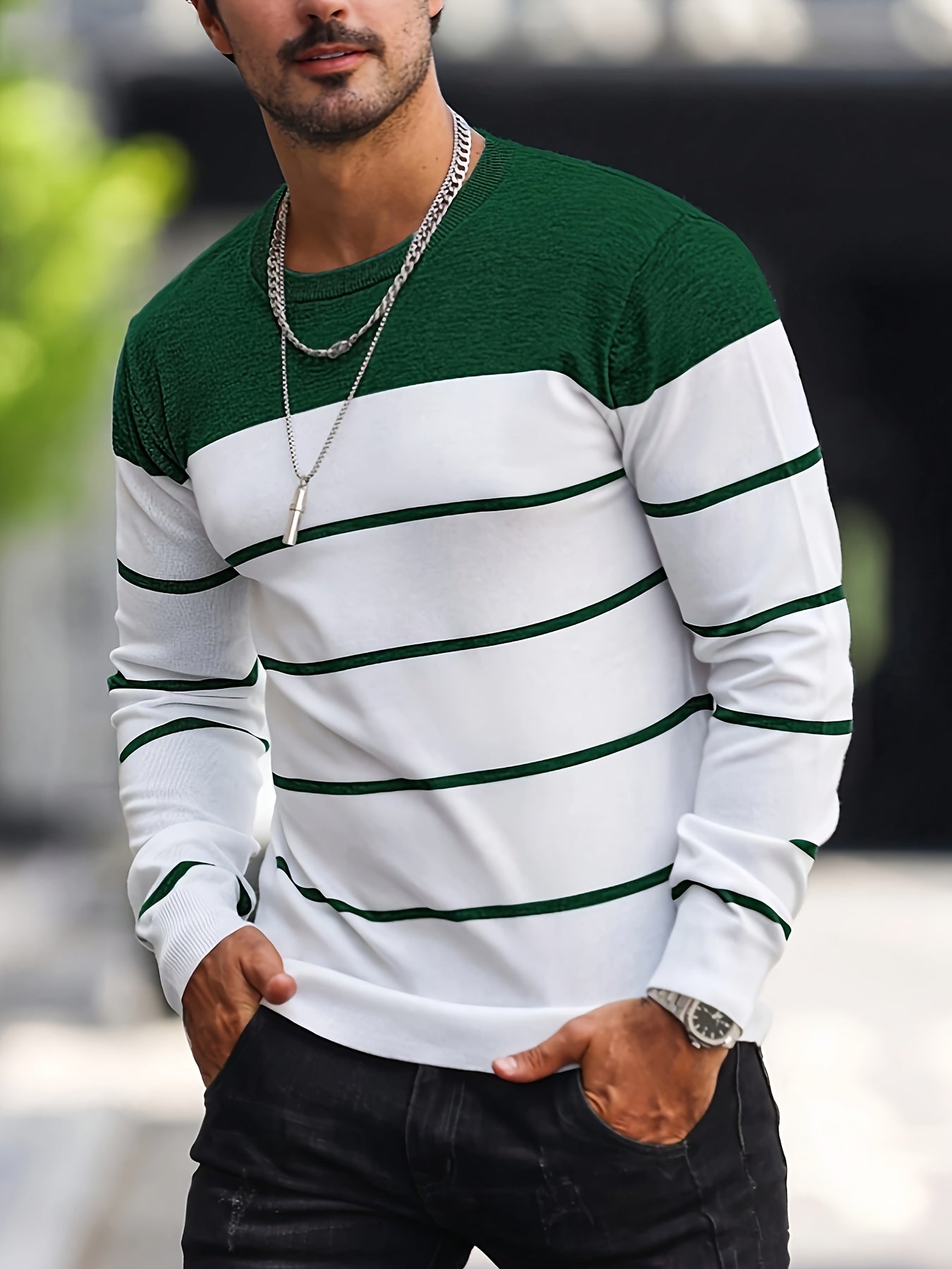 Maglione a righe da uomo Valstrend, maglione casual a maniche lunghe con scollo a giro per autunno e primavera.